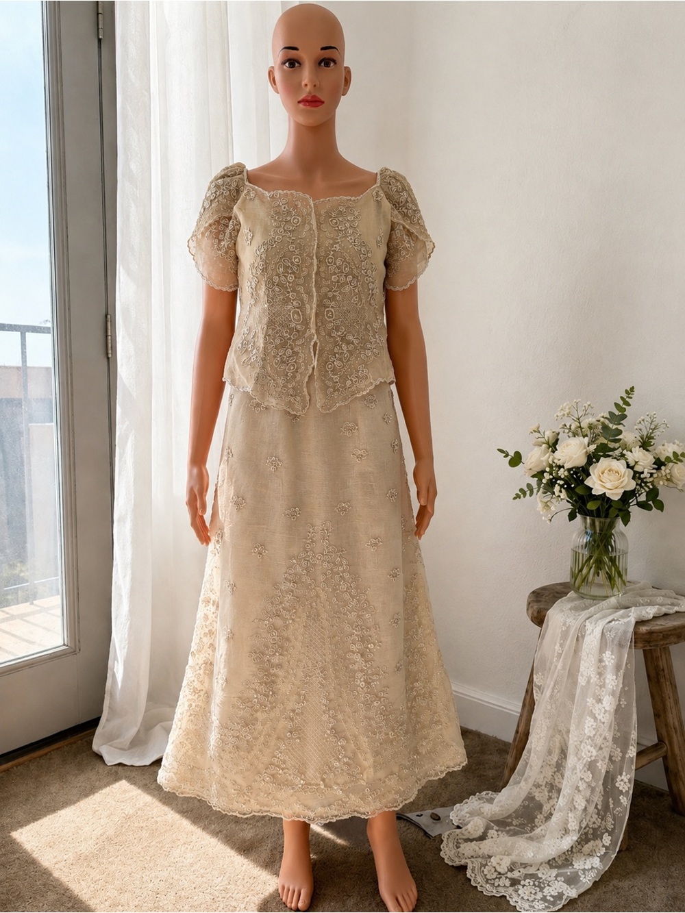 Vintage Cream Beaded Bridal Dress with Lace Jacket Cottagecore Midi